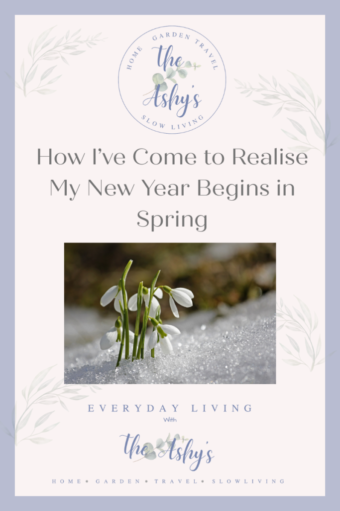 Blog Cover. How I come to realise my New Year begins in spring. Shows a photo of snowdrops in snow